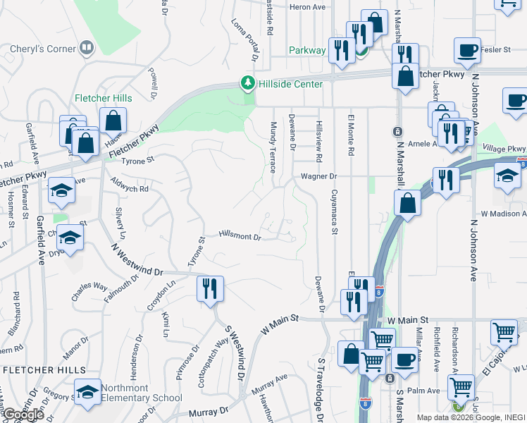 map of restaurants, bars, coffee shops, grocery stores, and more near 470 Hillsmont Place in El Cajon