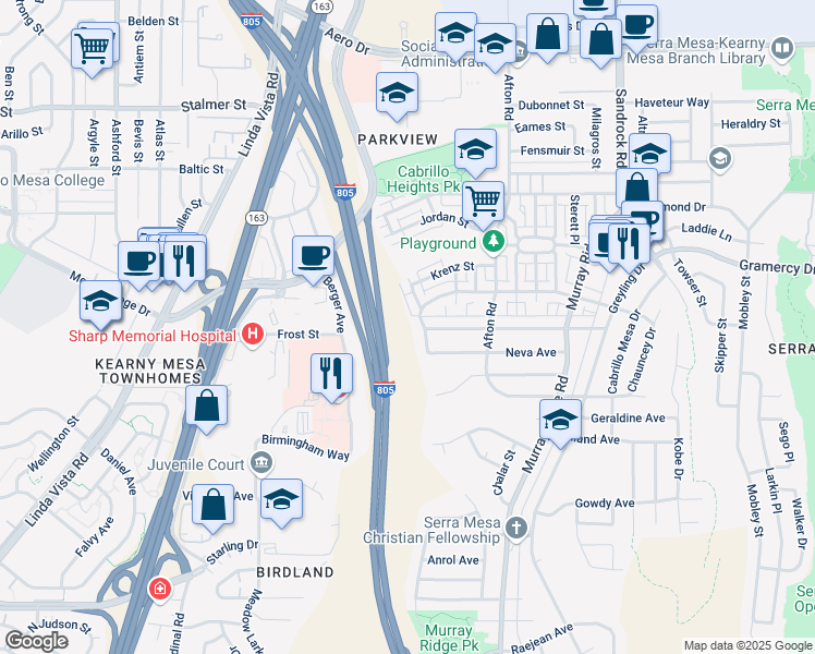 map of restaurants, bars, coffee shops, grocery stores, and more near 8276 Larkdale Avenue in San Diego