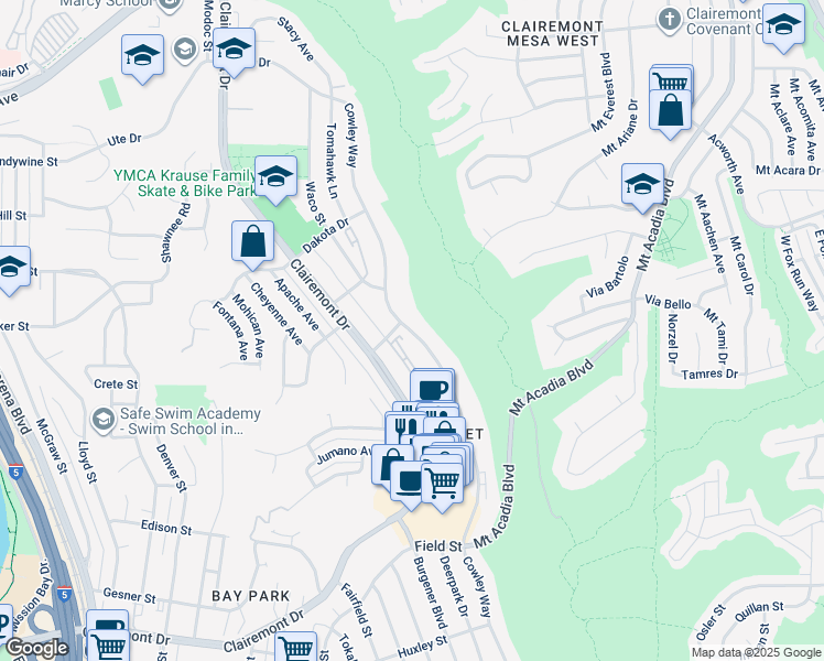 map of restaurants, bars, coffee shops, grocery stores, and more near 3175 Cowley Way in San Diego