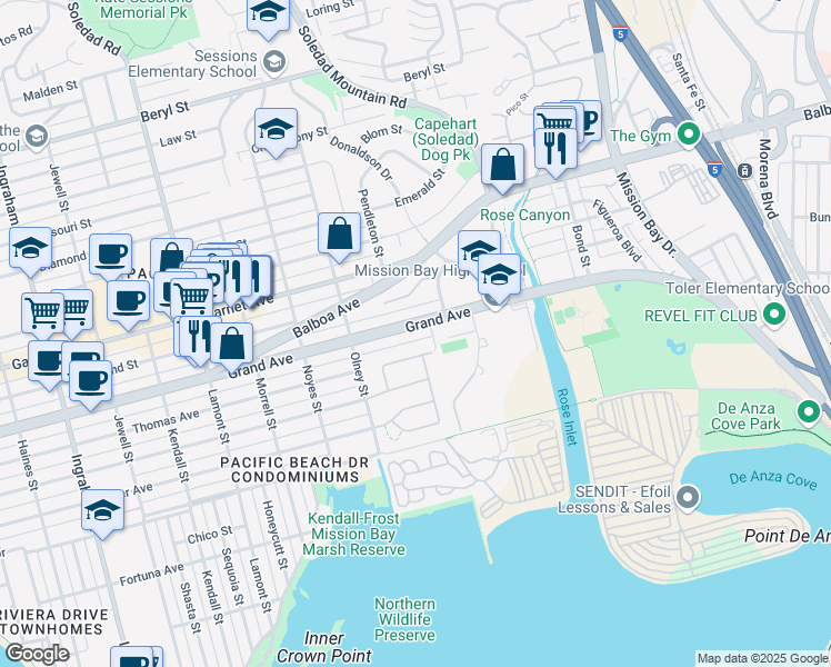 map of restaurants, bars, coffee shops, grocery stores, and more near 2337 Grand Avenue in San Diego