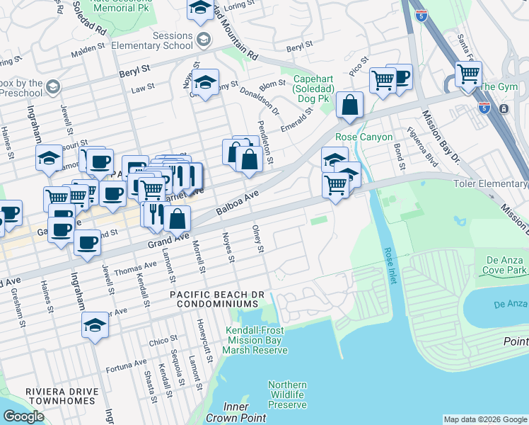 map of restaurants, bars, coffee shops, grocery stores, and more near 2241 Grand Avenue in San Diego