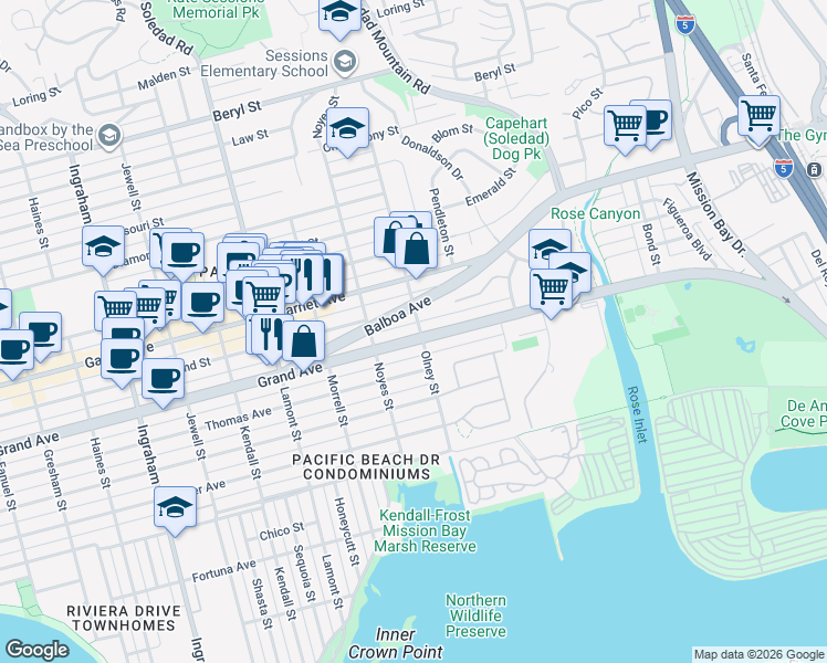 map of restaurants, bars, coffee shops, grocery stores, and more near 2166 Grand Avenue in San Diego