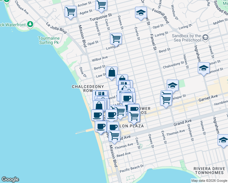 map of restaurants, bars, coffee shops, grocery stores, and more near 875 Missouri Street in San Diego