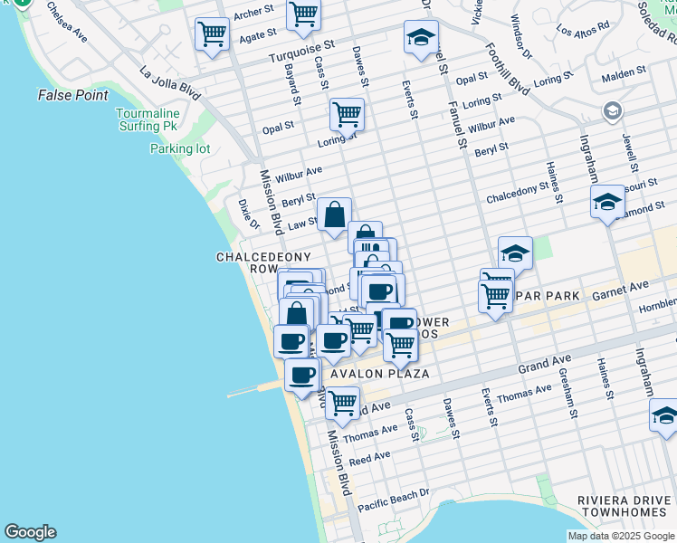 map of restaurants, bars, coffee shops, grocery stores, and more near 875 Missouri Street in San Diego