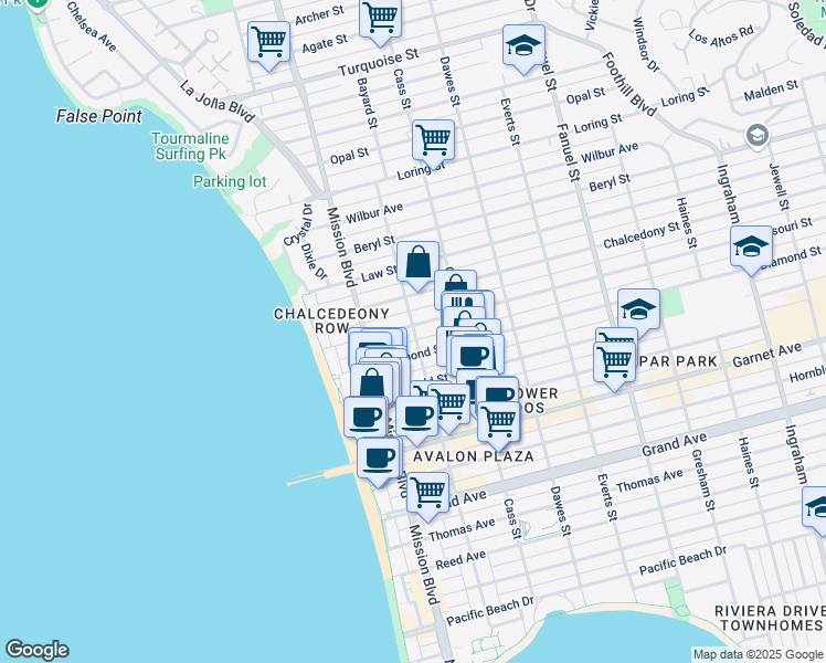 map of restaurants, bars, coffee shops, grocery stores, and more near 875 Missouri Street in San Diego