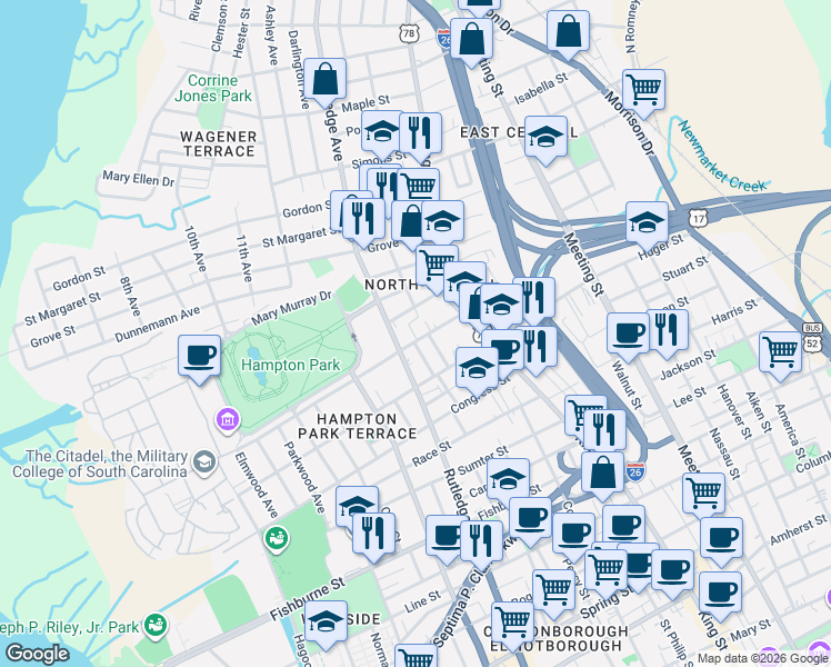 map of restaurants, bars, coffee shops, grocery stores, and more near 1 Homel Place in Charleston