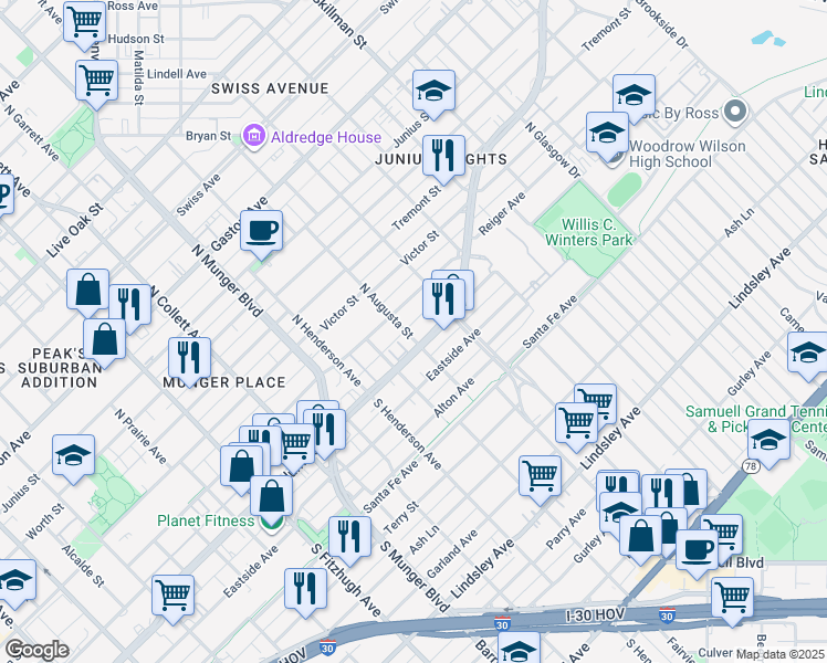 map of restaurants, bars, coffee shops, grocery stores, and more near 5511 Columbia Avenue in Dallas