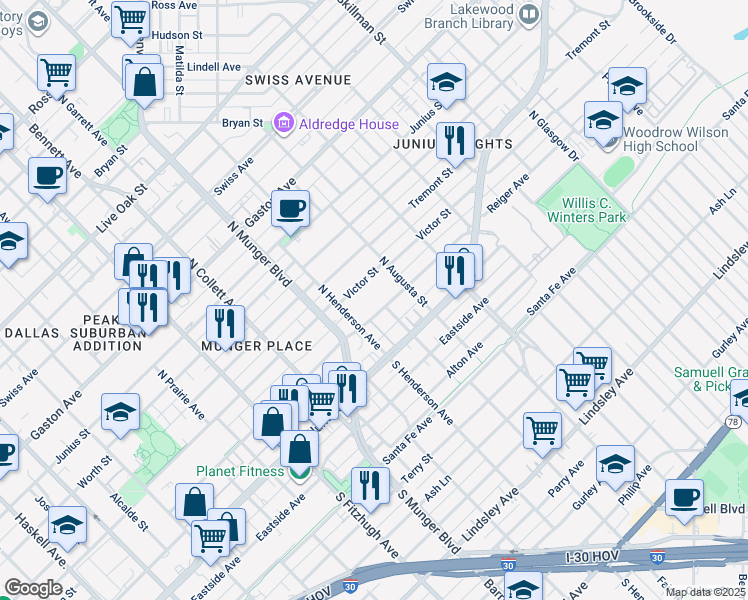map of restaurants, bars, coffee shops, grocery stores, and more near 5321 Reiger Avenue in Dallas