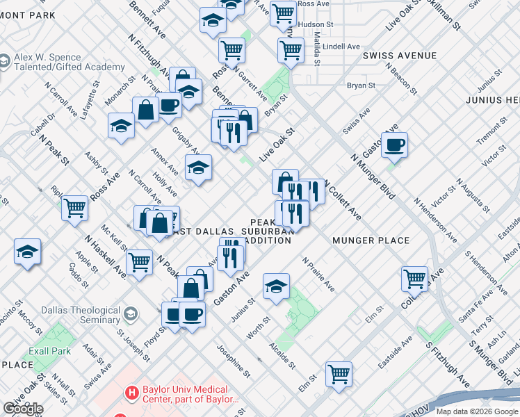 map of restaurants, bars, coffee shops, grocery stores, and more near 4803 Swiss Avenue in Dallas