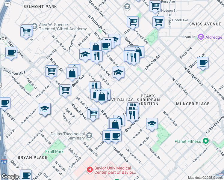 map of restaurants, bars, coffee shops, grocery stores, and more near 4510 Bryan Street in Dallas