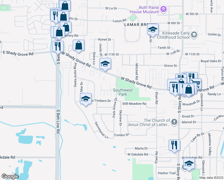 map of restaurants, bars, coffee shops, grocery stores, and more near 2957 Park Square Drive in Irving