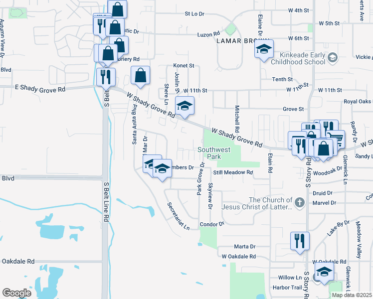 map of restaurants, bars, coffee shops, grocery stores, and more near 2952 Park Square Drive in Irving