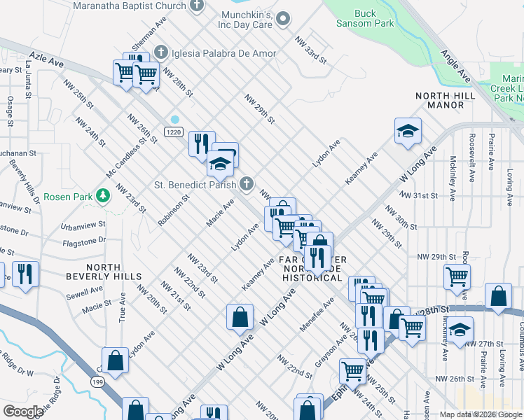 map of restaurants, bars, coffee shops, grocery stores, and more near 2909 Azle Avenue in Fort Worth
