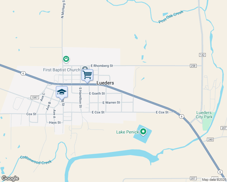 map of restaurants, bars, coffee shops, grocery stores, and more near 649 East Goeth Street in Lueders