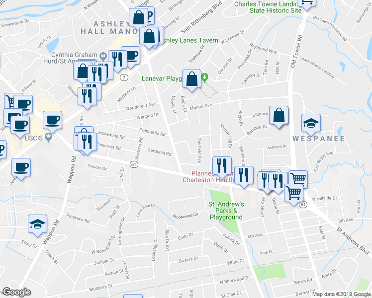 map of restaurants, bars, coffee shops, grocery stores, and more near 1423 Brian Rd in Charleston