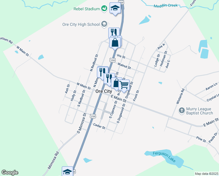 map of restaurants, bars, coffee shops, grocery stores, and more near 107 North Peach Street in Ore City