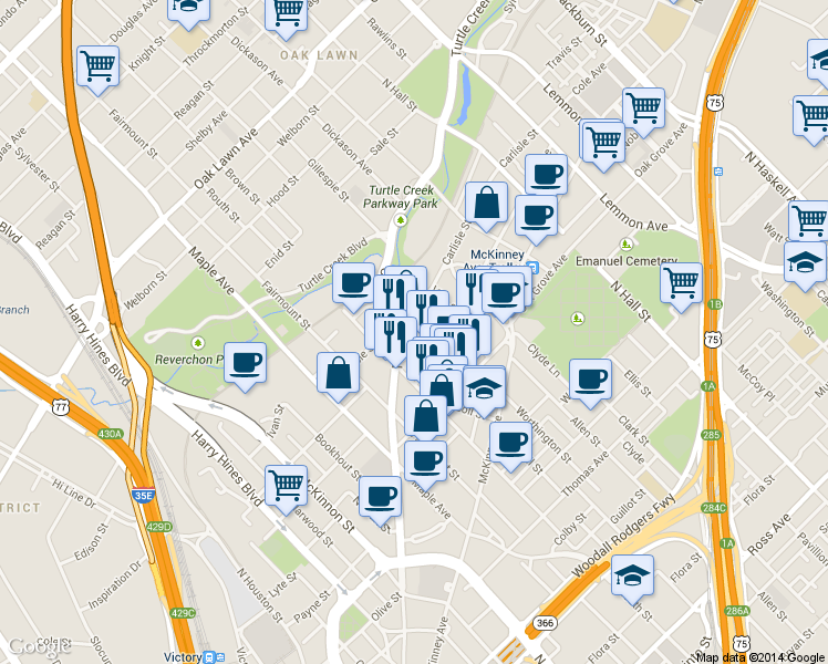 map of restaurants, bars, coffee shops, grocery stores, and more near 2650 Cedar Springs Road in Dallas