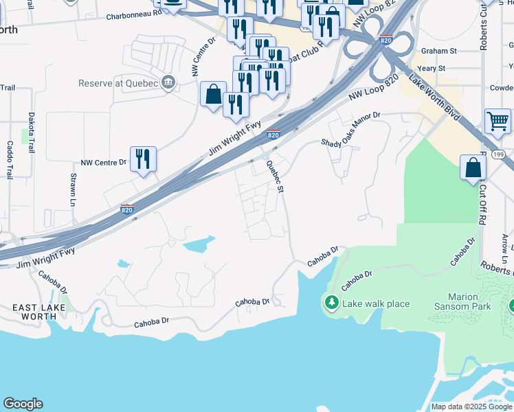 map of restaurants, bars, coffee shops, grocery stores, and more near 5700 Summit Park Circle West in Fort Worth