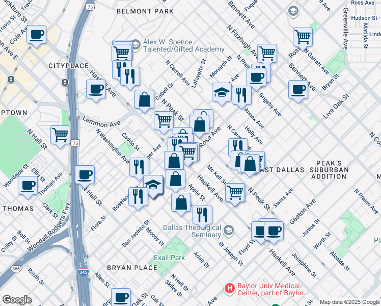 map of restaurants, bars, coffee shops, grocery stores, and more near 4203 Ross Avenue in Dallas