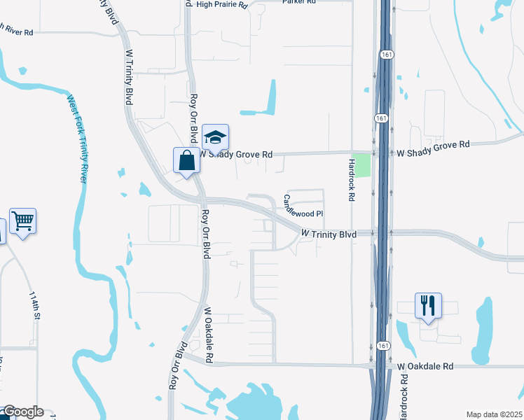 map of restaurants, bars, coffee shops, grocery stores, and more near 1300 West Trinity Boulevard in Grand Prairie