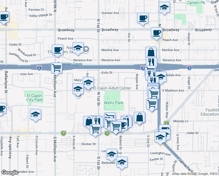 map of restaurants, bars, coffee shops, grocery stores, and more near 23a A Street in El Cajon