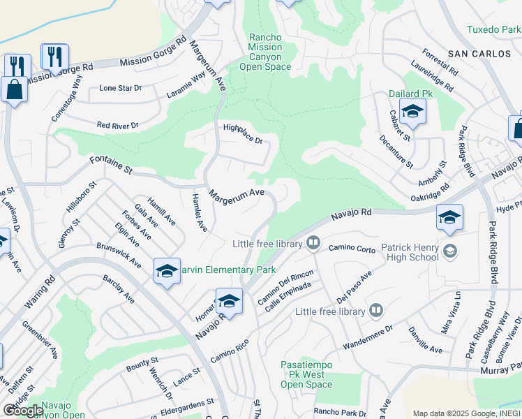 map of restaurants, bars, coffee shops, grocery stores, and more near 7288 Margerum Avenue in San Diego