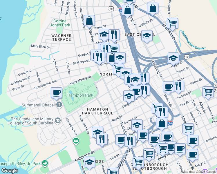 map of restaurants, bars, coffee shops, grocery stores, and more near 1 Homel Place in Charleston