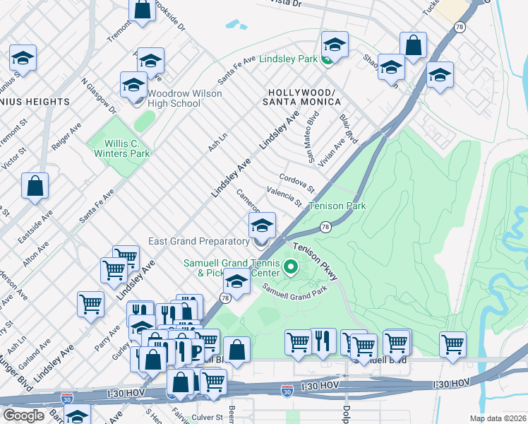 map of restaurants, bars, coffee shops, grocery stores, and more near 1016 Cameron Avenue in Dallas