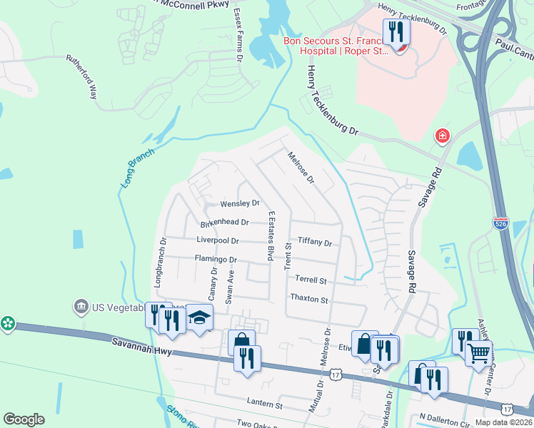 map of restaurants, bars, coffee shops, grocery stores, and more near 879 East Estates Boulevard in Charleston