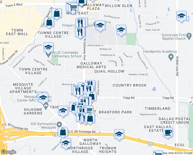 map of restaurants, bars, coffee shops, grocery stores, and more near 2603 Hollow Bend in Mesquite