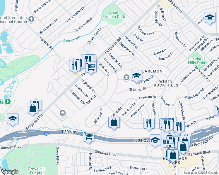 map of restaurants, bars, coffee shops, grocery stores, and more near 2450 Wildoak Drive in Dallas