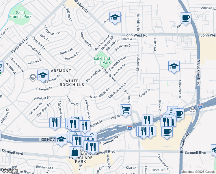 map of restaurants, bars, coffee shops, grocery stores, and more near 6209 North Jim Miller Road in Dallas