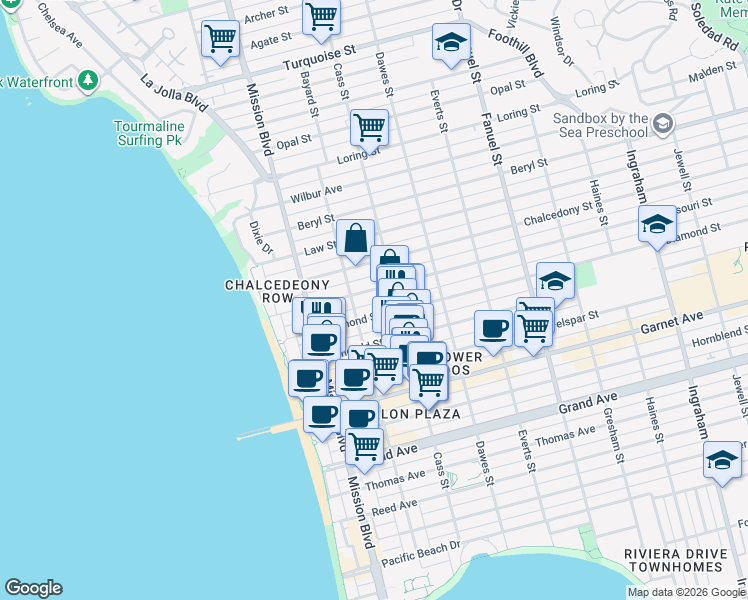 map of restaurants, bars, coffee shops, grocery stores, and more near 951 Missouri Street in San Diego