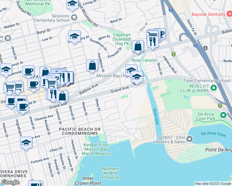 map of restaurants, bars, coffee shops, grocery stores, and more near 2337 Grand Avenue in San Diego