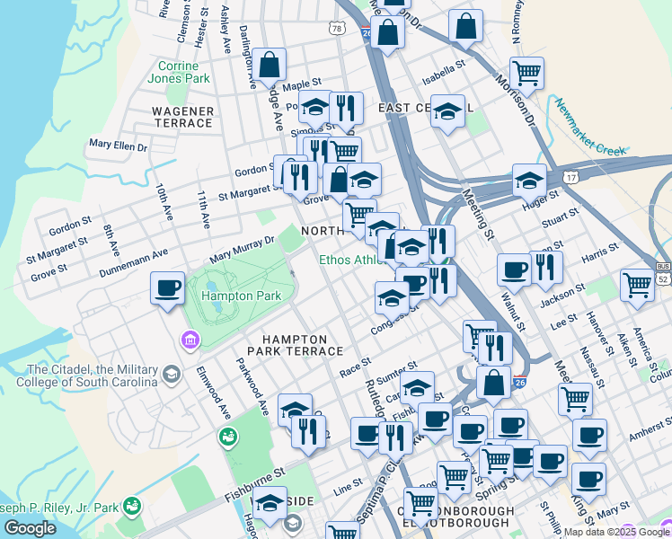 map of restaurants, bars, coffee shops, grocery stores, and more near 1 Homel Place in Charleston