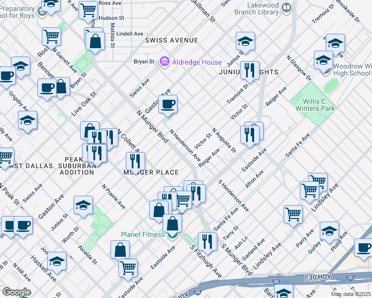 map of restaurants, bars, coffee shops, grocery stores, and more near 5211 Victor Street in Dallas