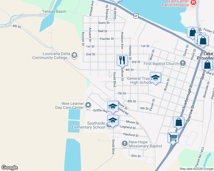 map of restaurants, bars, coffee shops, grocery stores, and more near 1431 Short 7th Street in Lake Providence