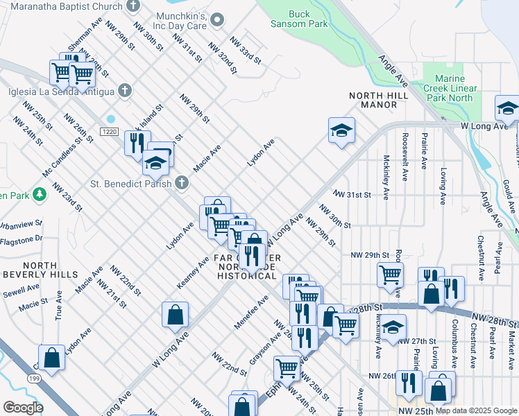 map of restaurants, bars, coffee shops, grocery stores, and more near 2804 Kearney Avenue in Fort Worth