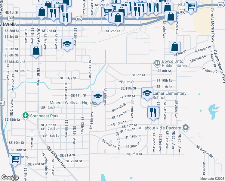 map of restaurants, bars, coffee shops, grocery stores, and more near 1714 Southeast 11th Street in Mineral Wells
