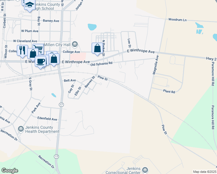 map of restaurants, bars, coffee shops, grocery stores, and more near 130 Bob's Drive in Millen