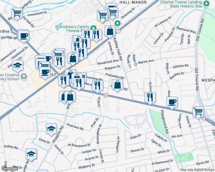 map of restaurants, bars, coffee shops, grocery stores, and more near 1219 Wisteria Road in Charleston