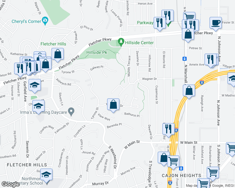 map of restaurants, bars, coffee shops, grocery stores, and more near 1564 Wagner Drive in El Cajon