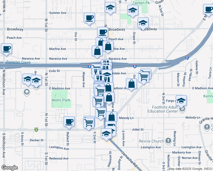 map of restaurants, bars, coffee shops, grocery stores, and more near 511 County Highway S17 in El Cajon