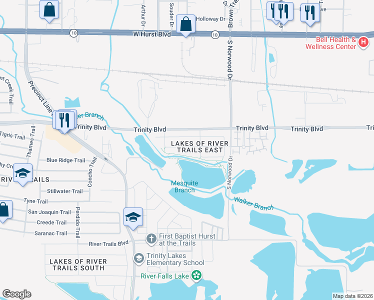 map of restaurants, bars, coffee shops, grocery stores, and more near 9340 Wood Duck Drive in Fort Worth