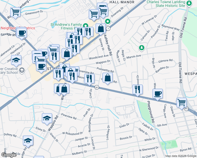 map of restaurants, bars, coffee shops, grocery stores, and more near 1219 Wisteria Road in Charleston