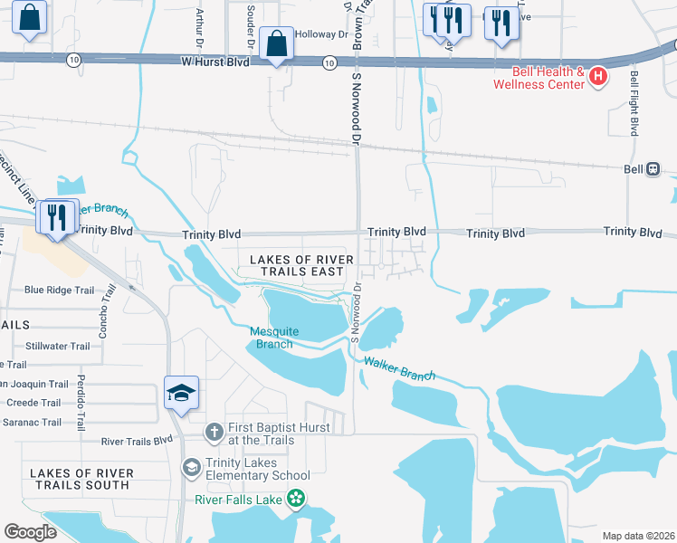 map of restaurants, bars, coffee shops, grocery stores, and more near 9436 Wood Duck Drive in Fort Worth