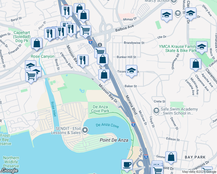 map of restaurants, bars, coffee shops, grocery stores, and more near 4275 Mission Bay Drive in San Diego