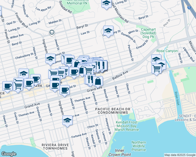 map of restaurants, bars, coffee shops, grocery stores, and more near 1956 Hornblend Street in San Diego
