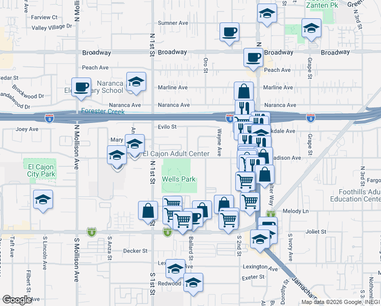 map of restaurants, bars, coffee shops, grocery stores, and more near 507 Roberta Avenue in El Cajon