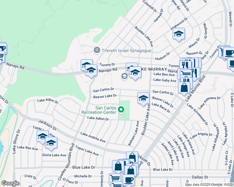 map of restaurants, bars, coffee shops, grocery stores, and more near 8072 Beaver Lake Drive in San Diego